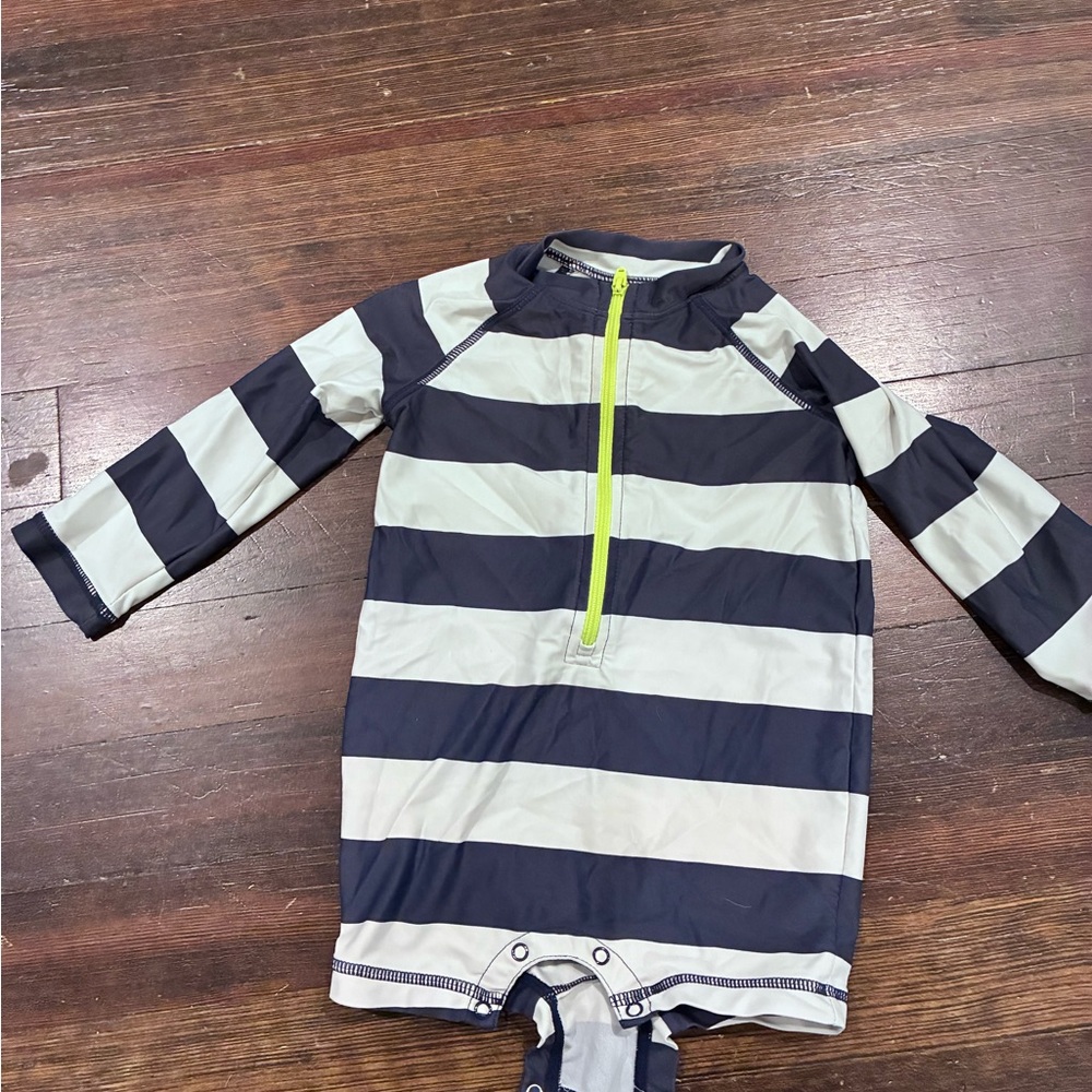 Primary Navy & White Striped Kids One-Piece Swimsuit with Lime Zipper